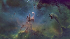 South of Altair is the famed “Pillars of Creation” in the center of the Eagle Nebula, M-16. This superb portrait is by EAAA member James Schultz with a 14” telescope.This region of star birth is a rich mix of condensing dark globules collapsing to make new stars, young blue stars shining so brightly that their stellar winds drive away the gas and dust, and of course leftovers around them condensing into new young planets, some of them rocky like our own Earth. One of the paradoxes of star-forming regions like this is that for such gravitational collapse to begin, the region must be cold, dense, and dark.