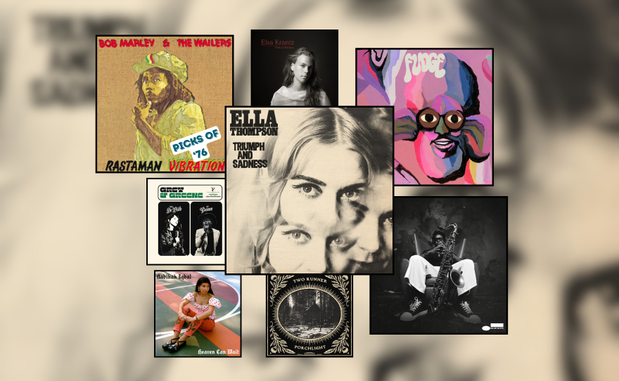 Artwork for four albums and four singles displayed in black square frames.
