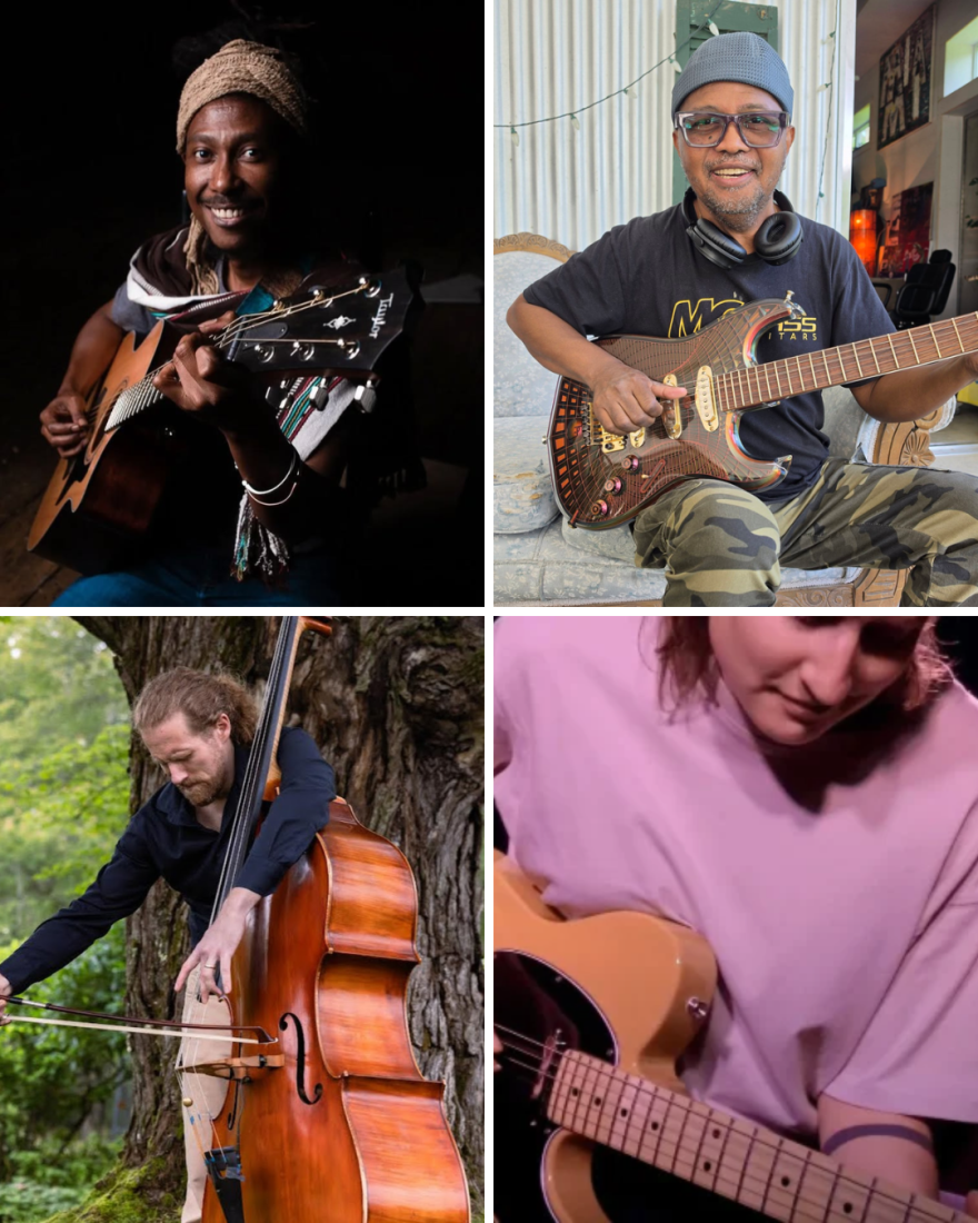 Four instrumentalists in a grid image, with the top two looking forward and holding their guitars, and the bottom two looking down at their instruments