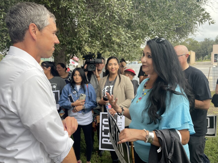 Velma Lisa Duran, the sister of Uvalde school shooting victim Irma Garcia, speaks to Democratic gubernatorial hopeful Beto O'Rourke at a rally in Uvalde on November 2, 2022. She told O'Rourke she is supporting him, and enlisting her colleagues to so as well.