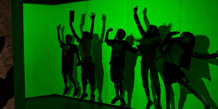 Children experiment with a shadow box at San Francisco's Exploratorium before the coronavirus pandemic.