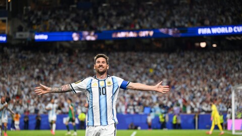 Argentina forward Lionel Messi celebrates after his second goal in the Argentina vs. Algeria FIFA World Cup group-stage soccer match at Arrowhead Stadium in Kansas City on Tuesday, June 16, 2026.