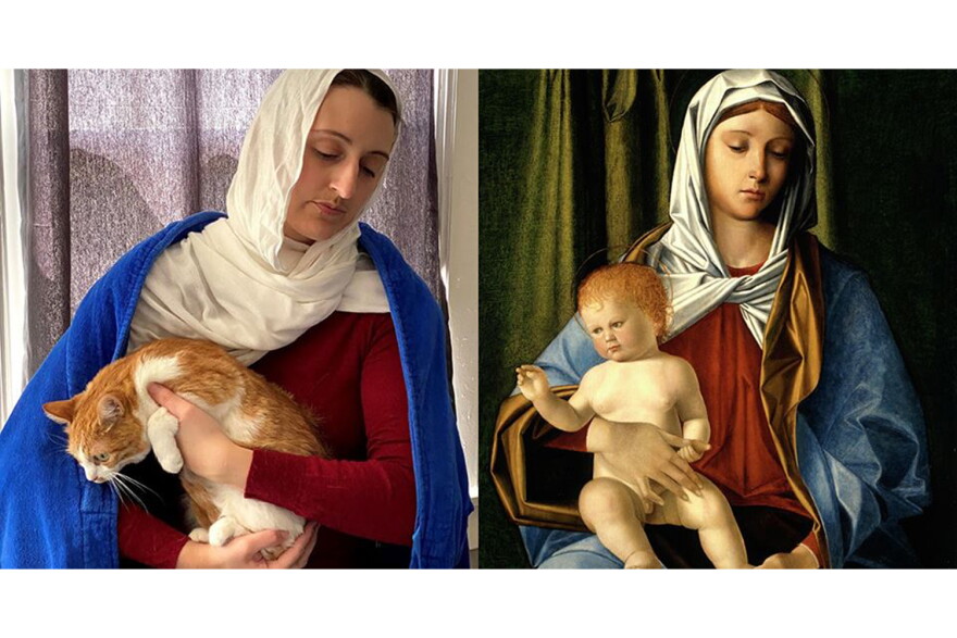 A feline recreation of Madonna and Child by Lauren Lucchesi for Newfields.