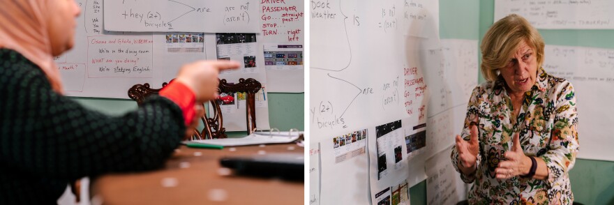 Ghada works through directional phrases with her English instructor, Beverly Leach in their home.