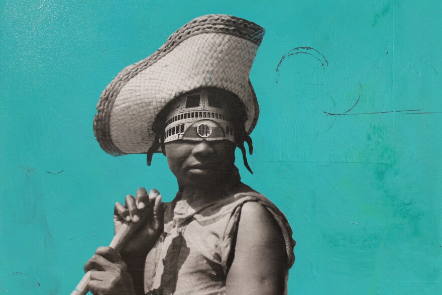 A mixed media collage by Antoine Williams is on display at the Greenville Museum of Art.