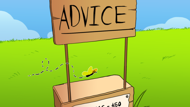 A cartoon-style illustration featuring a wooden stand with the words 'ADVICE' written on a sign at the top. Below, a smaller sign reads 'ADVICE - $0.50, GOOD ADVICE - $2.00.' The scene is set in a grassy field with a bright blue sky and a small butterfly flying nearby. The word 'Embodied' is prominently displayed in large letters at the top of the illustration.
