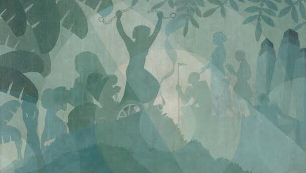 Painting depicts Harriet Tubman breaking shackles. 
