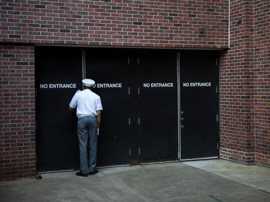 A cadet waits for the arrival of cadet candidates at the U.S. Military Academy at West Point in 2016. The Defense Department's recent survey showed that many young military academy students are still reluctant to come forward about sexual assault and harassment.