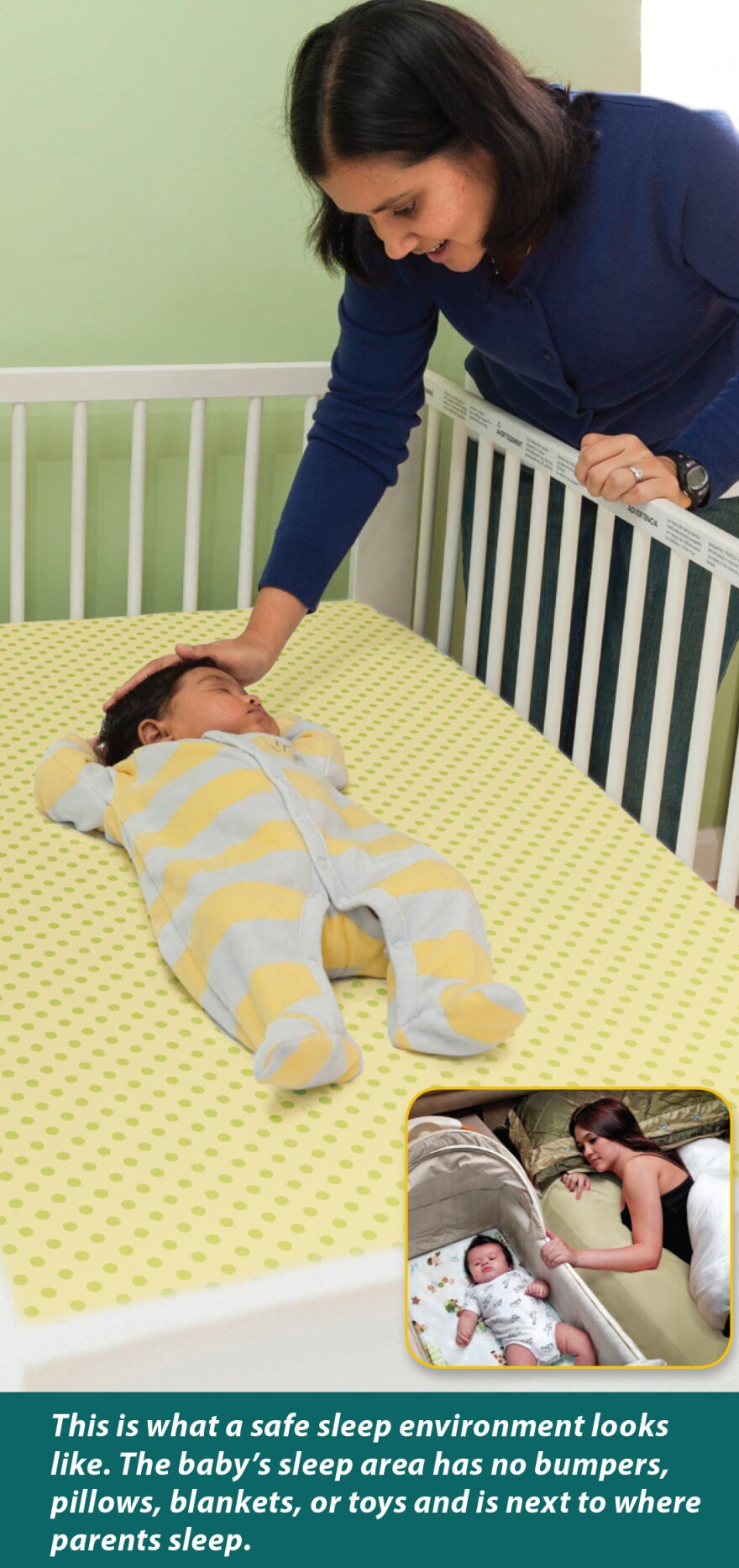 The NIH recommends avoiding bedding for infants.