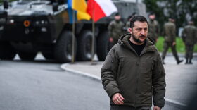 Ukraine’s President, Volodymyr Zelenskyy inspects Polish-made Rosomak armored vehicles in Warsaw, Poland.