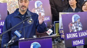 Rep. Joaquin Castro at the steps of San Antonio City Hall on Wed. Jan 28, 2026.