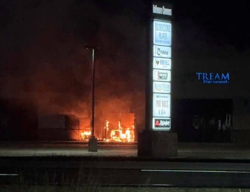 Flames shoot from a strip mall in the 8800 block of High Pointe Drive in Newburgh, Oct. 29, 2026