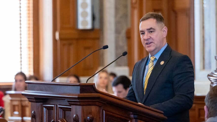 Rep. Pat Proctor, speaking here at a Feb. 12, 2026 hearing, spoke against a bill putting stricter regulations on pharmacy benefit managers because it adds a $10.50 dispensing fee to prescriptions.