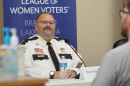 Sheriff Bryan Welk participates in a sheriff's candidate forum Sept. 8, 2026, at Sylvan Town Hall in southern Cass County. In the foreground is Cass County Attorney Ben Lindstrom.