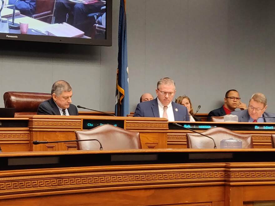 Commissioner of Administration Jay Dardenne, House Speaker Clay Schexnayder and Senate President Page Cortez prepare for a meeting of the Revenue Estimating Conference on Jan. 31, 2020