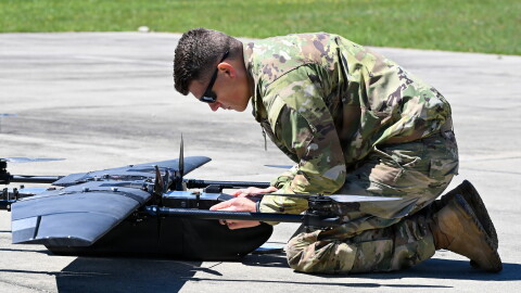 Sgt. 1st Class Joshua Duckett, assigned to the 837th Brigade Engineer Battalion, Michigan National Guard, prepares an Unmanned Aircraft System during training at Camp Grayling, Mich., May 20, 2026. The unit utilizes tactical drones to conduct aerial reconnaissance, route clearance support, and battlefield surveillance. (U.S. Army National Guard photo by Daniel Garas)