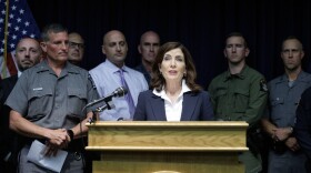 Gov. Kathy Hochul speaks during a news conference announcing that 9-year-old Charlotte Sena has been found safe.