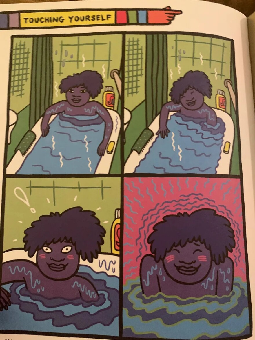 An image from the sex education comic book “Sex Is a Funny Word” by Cory Silverberg and Fiona Smyth depicts a character masturbating in a bathtub, which some parents argue is too graphic for the children’s section of the library.