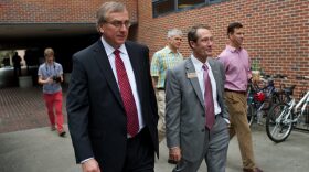 Dr. W. Kent Fuchs, Provost, Cornell University (left) walks with Charles Lane (right), Chief Operating Officer on the campus of the University of Florida on Tuesday, October 14, 2014. All three Presidential Finalists are on UF's campus being interviewed by various groups of faculty, staff, students the public and the board of trustees.