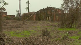 a large building overgrown with weeds and vines
