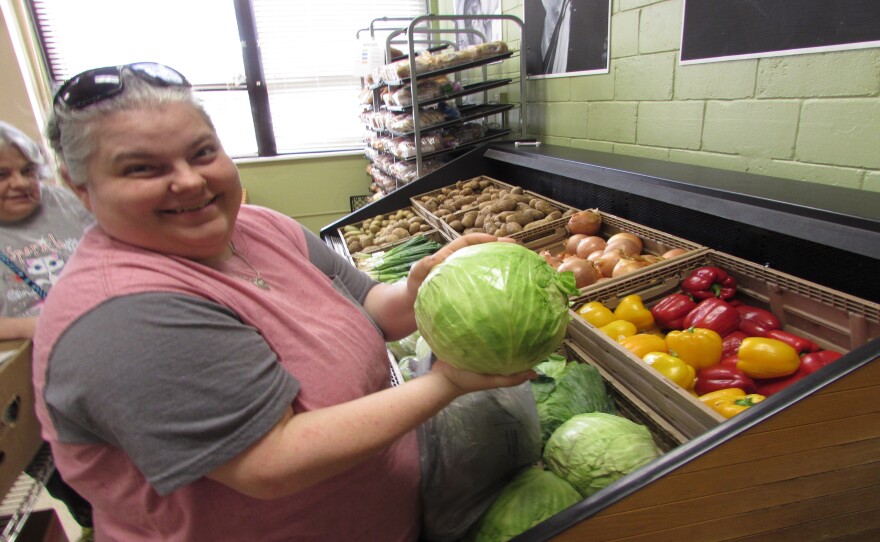 Jennifer Vincent is delighted with the fresh produce at Bread for Life Community Food Pantry in Bardstown, Kentucky. Vincent has allergies and is able to select from a wide variety of items at the "client choice" food pantry.