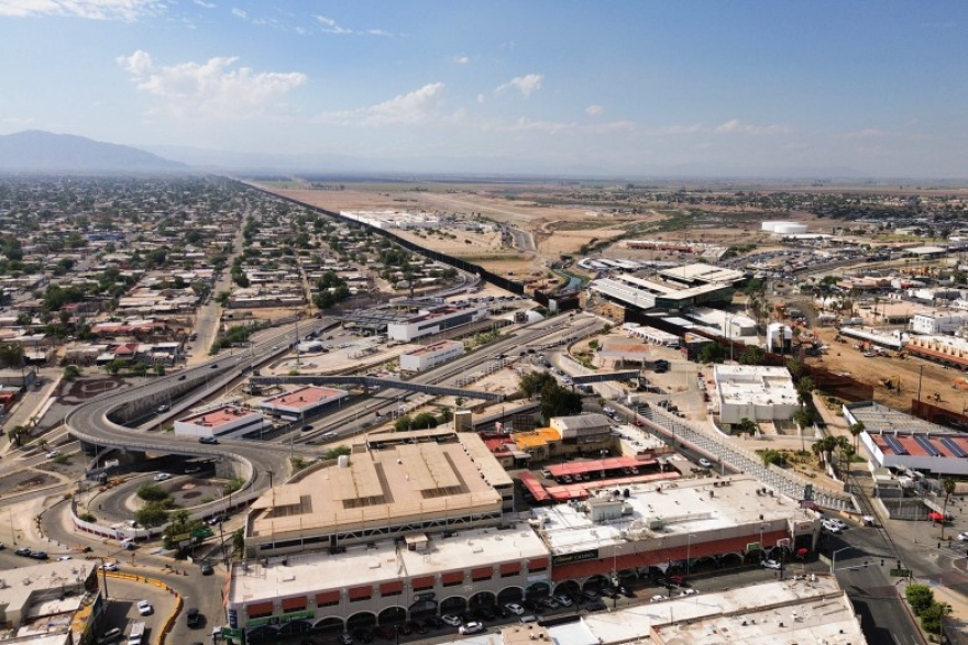 An aerial view of the vehicular and pedestrian border between Mexicali in Mexico and Calexico, California, on Oct. 21, 2026.