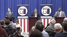 The debate for Connecticut's 4th Congressional District among U.S. Rep. Jim Himes, left; Republican Michael Goldstein, center; and Independent Benjamin Wesley, right, on Oct. 29, 2024.