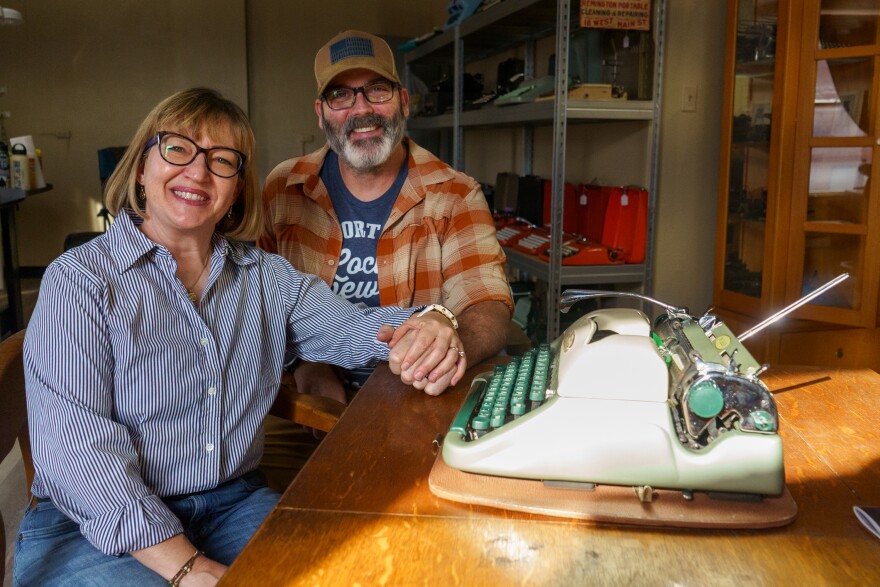 Shane and Amanda Byrne pose for a portrait inside their Clickety Clack Typewriters store in Rolla on Oct. 29, 2024.
