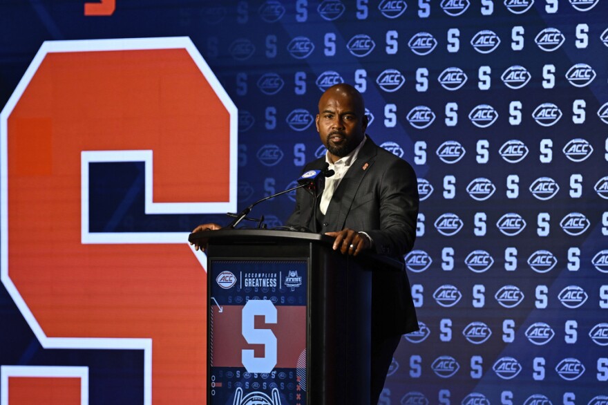 Syracuse head coach Fran Brown speaks during the Atlantic Coast Conference NCAA college football media days, Thursday, July 25, 2024, in Charlotte, N.C. (AP Photo/Matt Kelley)