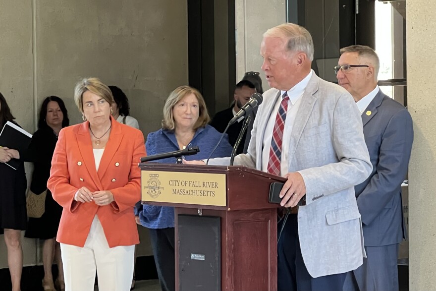 Fall River Mayor Paul Coogan speaks at Fall River City Hall after meeting with Gov. Maura Healey, left, to discuss the July 13 fire at the Gabriel House assisted living facility. Pictured with them are Aging & Independence Secretary Robin Lipson and state Sen. Michael Rodrigues, July 22, 2025.