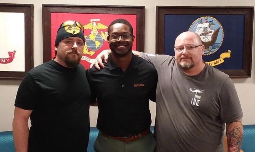 From left to right, Joe Wilson, Lewis Williams and Paul Pfeil are members of the Student Veterans Association at Buffalo State College. Credit Michael Mroziak, WBFO