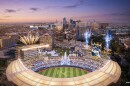 A rendering shows the proposed new stadium for the Kansas City Royals in the Crown Center.