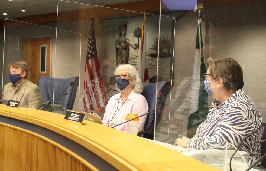 From left: Commissioner Ken Cornell, Commissioner Marihelen Wheeler and Commissioner Mary Alford meet on Wednesday with Gainesville city commissioners and Alachua County School Board members to discuss improving equity across the county. (Briana Farrell/WUFT News)