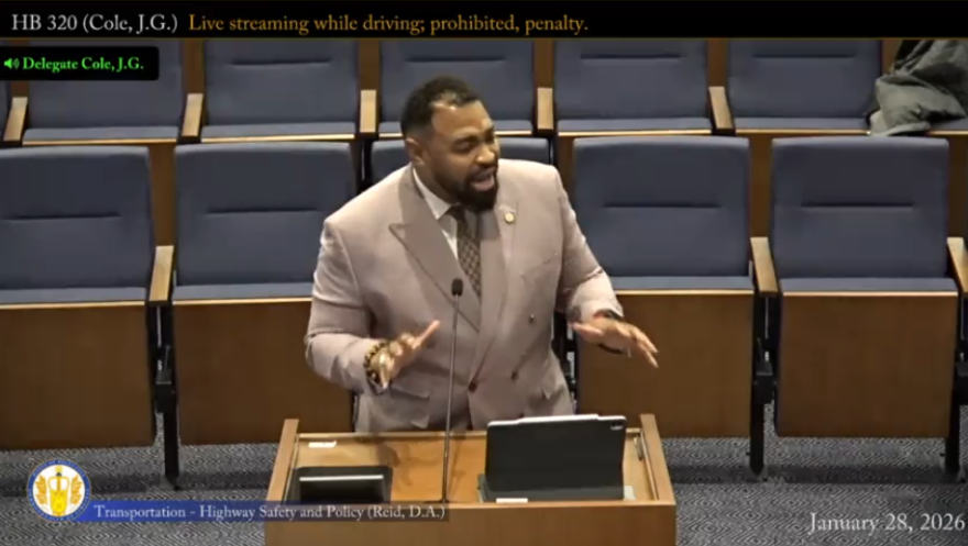Delegate Josh Cole gives an animated re-enactment of a fictionalized, live-streamed car crash during the 2026 legislative session. 