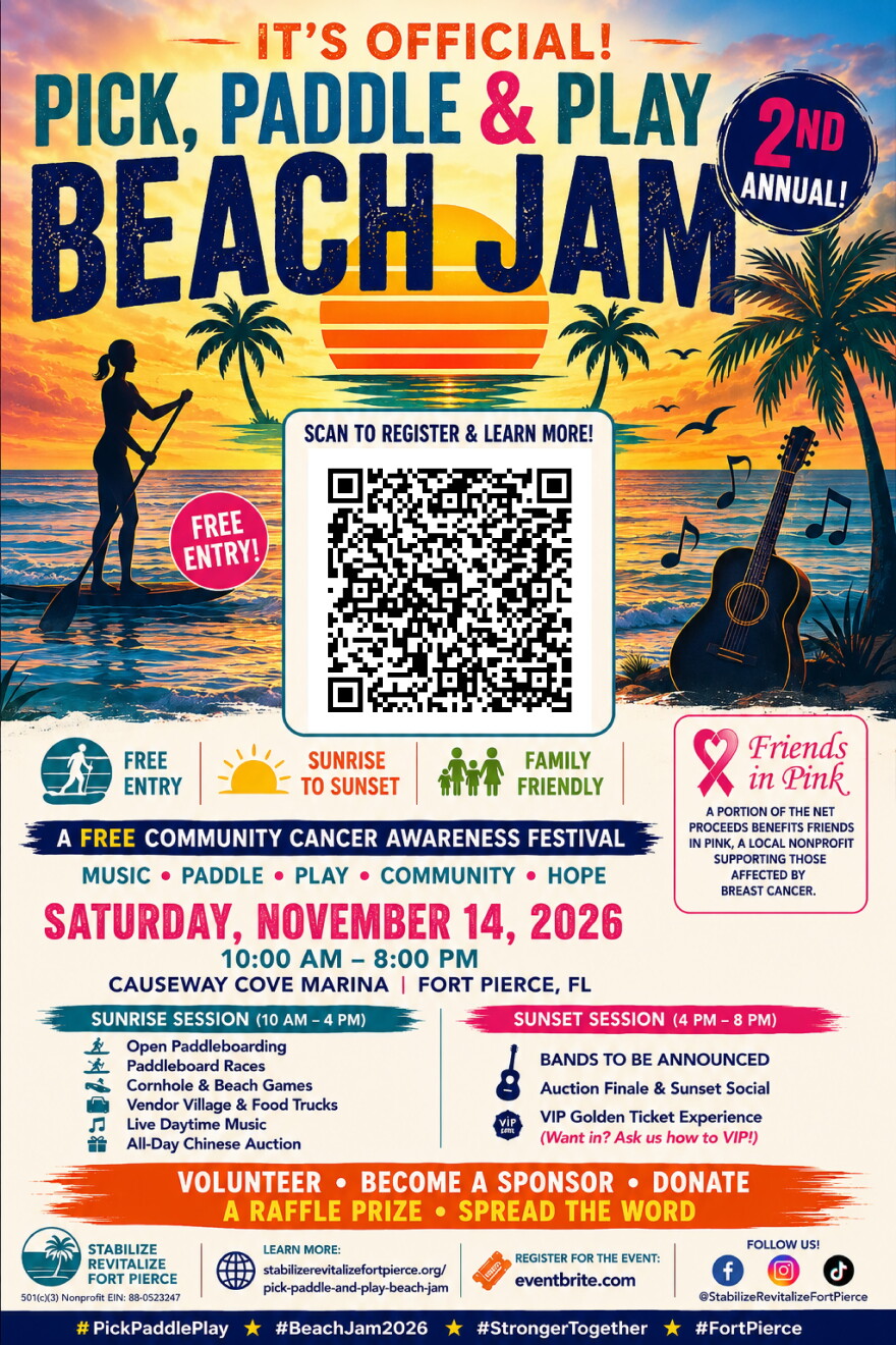 Flyer for the 2nd annual Pick, Paddle & Play Beach Jam, a free community cancer awareness festival on Saturday, Nov. 14, 2026, from 10 a.m. to 8 p.m. at Causeway Cove Marina in Fort Pierce, Florida. A silhouetted paddleboarder, palm trees and a guitar frame a sunset beach scene with a QR code to register. The sunrise session (10 a.m.-4 p.m.) features paddleboarding, races, cornhole and beach games, vendors and food trucks, live music and an all-day Chinese auction. The sunset session (4-8 p.m.) includes bands to be announced, an auction finale, a sunset social and a VIP Golden Ticket experience. A portion of net proceeds benefits Friends in Pink, a local nonprofit supporting those affected by breast cancer. Organized by Stabilize Revitalize Fort Pierce; register on Eventbrite or at stabilizerevitalizefortpierce.org/pick-paddle-and-play-beach-jam.