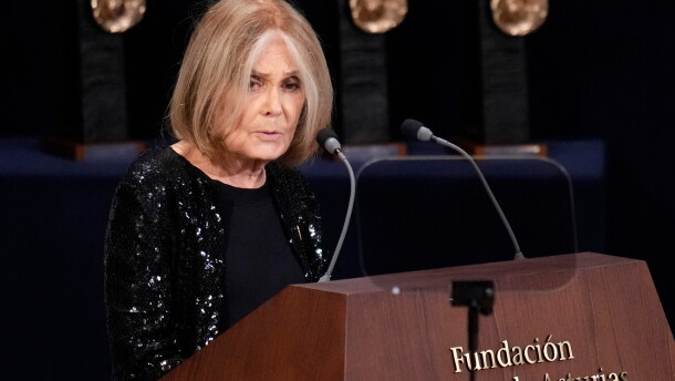 FILE - Gloria Steinem speaks during the 2021 Princess of Asturias Awards ceremony in Oviedo, northern Spain, Oct. 22, 2021.