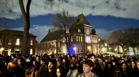 File photo. A group of Brown University students face University Hall at a pro-Palestinian protest in November 2023 in support of a Palestinian classmate who was shot in the spine while wearing a keffiyeh during a trip to Vermont.