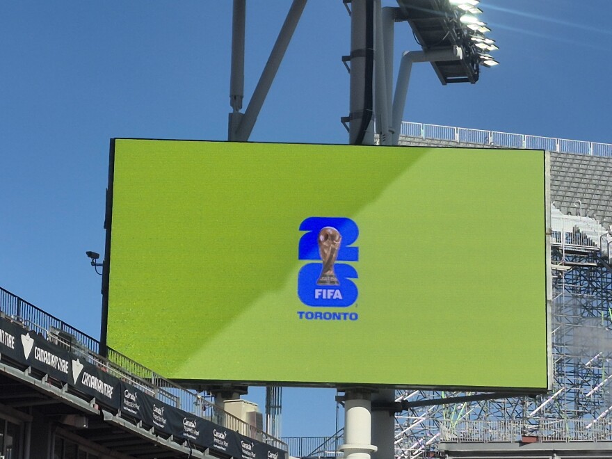 A picture of a display screen at Toronto Stadium showing FIFA branding.