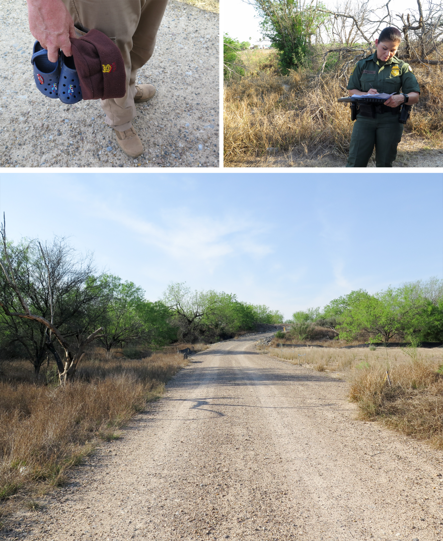 Border Patrol agents Rod Kise (L) and Marlene Castro (R) apprehended six people who had crossed the border illegally while driving along a dirt road in Roma, Texas.