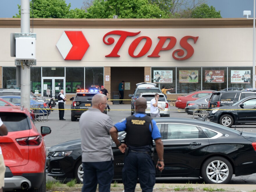 BUFFALO, NY - MAY 14: Buffalo Police on scene at a Tops Friendly Market on May 14, 2022 in Buffalo, New York. According to reports, at least 10 people were killed after a mass shooting at the store with the shooter in police custody. (Photo by John Normile/Getty Images)