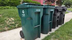 Two curbside recycling carts next to trash cans in Cincinnati's Clifton neighborhood.