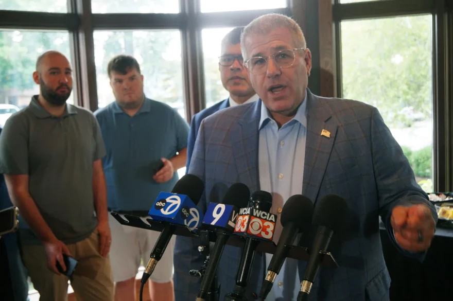 Republican gubernatorial candidate Darren Bailey speaks with reporters following a meeting of the Illinois Republican State Central Committee on Thursday, Aug. 20, 2026.