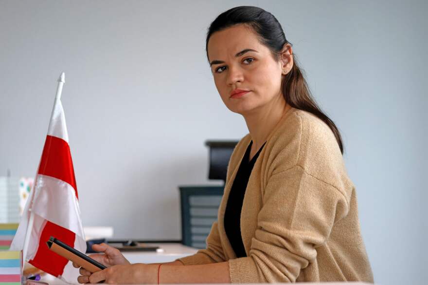 Belarus opposition leader Svetlana Tikhanovskaya is pictured during an interview with AFP on September 28, 2020, in Vilnius, Lithuania. - Tikhanovskaya called for French President Emmanuel Macron to mediate in the political crisis in her homeland, voicing hope that he could involve Russian President Vladimir Putin in opening a dialogue. (Photo by Ludovic MARIN / AFP) (Photo by LUDOVIC MARIN/AFP via Getty Images)