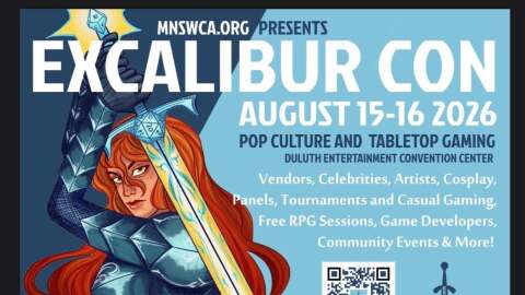 Poster for Excalibur Con, a pop culture and tabletop gaming convention; illustrated image of an armored woman wielding a sword against a light blue background