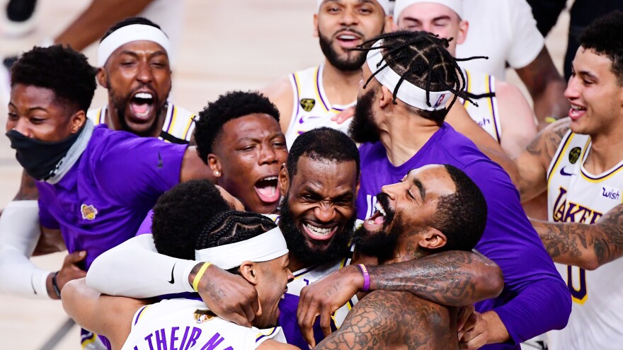 The Los Angeles Lakers celebrate after winning the 2020 NBA Championship in Game Six on Sunday in Lake Buena Vista, Fla.