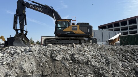 The dilapidated and abandoned Polaris Building, formerly an 11-story high-rise, is now a pile of rubble.