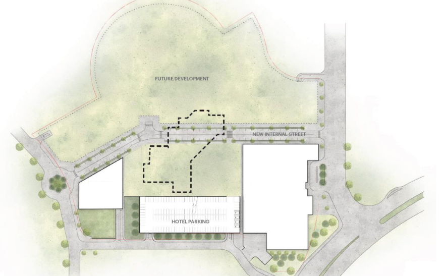 An illustration outlines plans for a parking garage in the southern part of the property; a new hotel on the right; a future development in the north; and a space for bars and restaurants on the left. The old Sheraton Arlington Hotel can be seen in the center as a dotted outline.