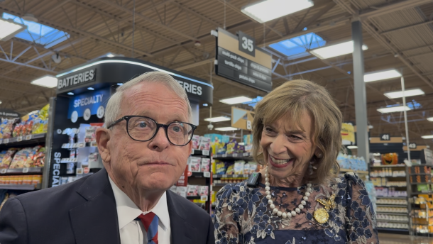 Gov Mike and First Lady Fran DeWine at a Columbus-area Kroger store on September 25, 2026. They were there to talk about the store's participation in the Dolly Parton Imaginary Library program on what DeWine has declared "Dolly Parton Day" in Ohio. Gov. DeWine also talked to reporters about a gas tax holiday bill being proposed by the Ohio Legislature.