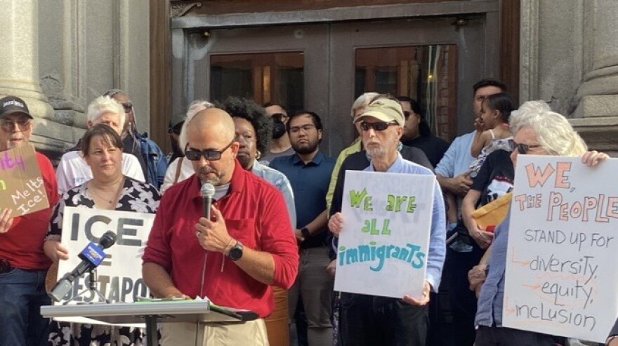 Luis Torres, president of Metro Justice, speaks Tuesday, Sept. 8, 2026, on the steps of the Monroe County Office Building during launch of the "Protect Our Neighbors" campaign seeking a united resistance to the federal immigration enforcement crackdown.