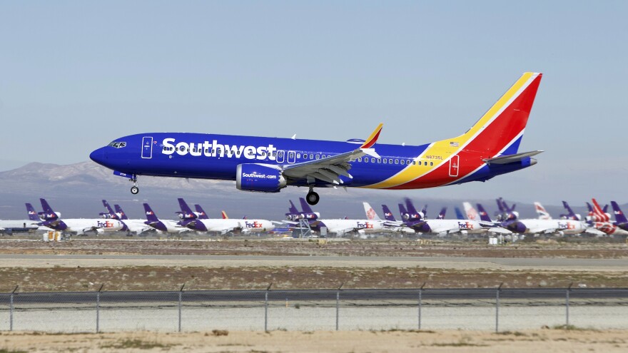 A Southwest Airlines Boeing 737 Max lands in Victorville, Calif., in March.